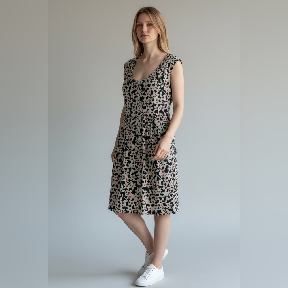 Diane Von Furstenberg Black Floral Midi Dress with Cream and Red Motif